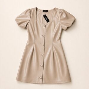 NWT Lulus Cream Button-Front Midi Dress with Puff Sleeves